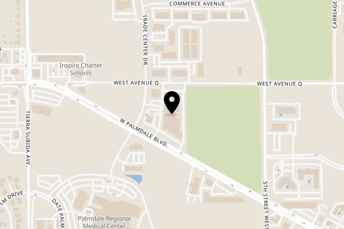 Map showing the location of Gezziny's Homemade Pizza on 38750 Trade Center Dr in Palmdale